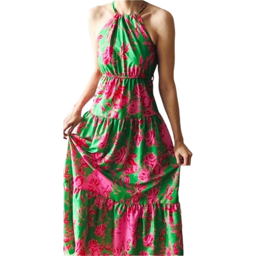 Vibrant Floral Tiered Halter Maxi Dress by CDM XS